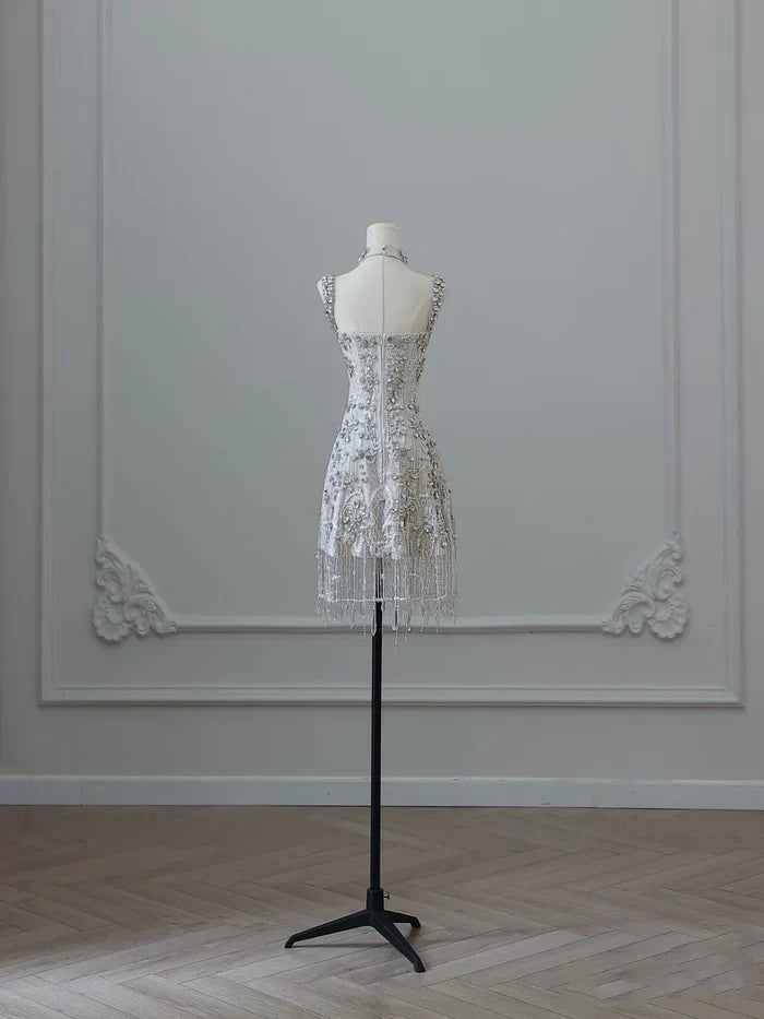 Luxury Sparkling Silver White Rhinestone Crystal Tassel Lace Slim Birthday Short Skirt Homecoming