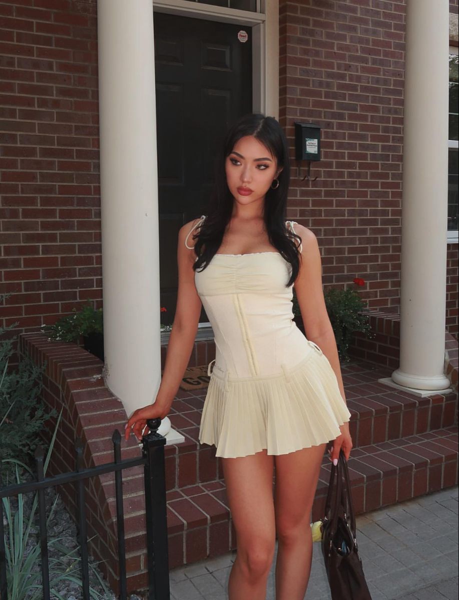 Sweet Light Yellow Suspender Pleated Waist Pleated Skirt Homecoming Dress - View 3 | FashionDia