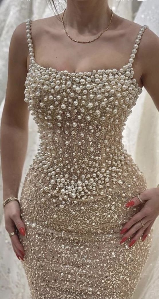 Luxury Champagne Gold Mermaid Strap Square Neck Pearl Sequin Long Rrom Dress Evening Dress