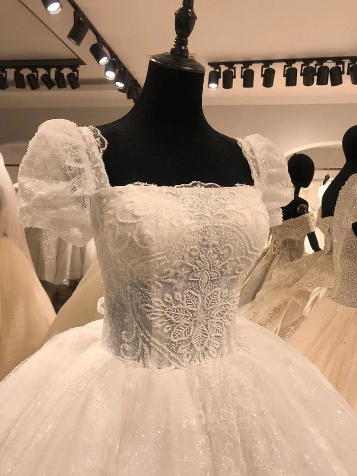 Princess White Square Neck Puff Sleeve Lace Beaded Tulle Tea-Length Wedding Dress cc5260