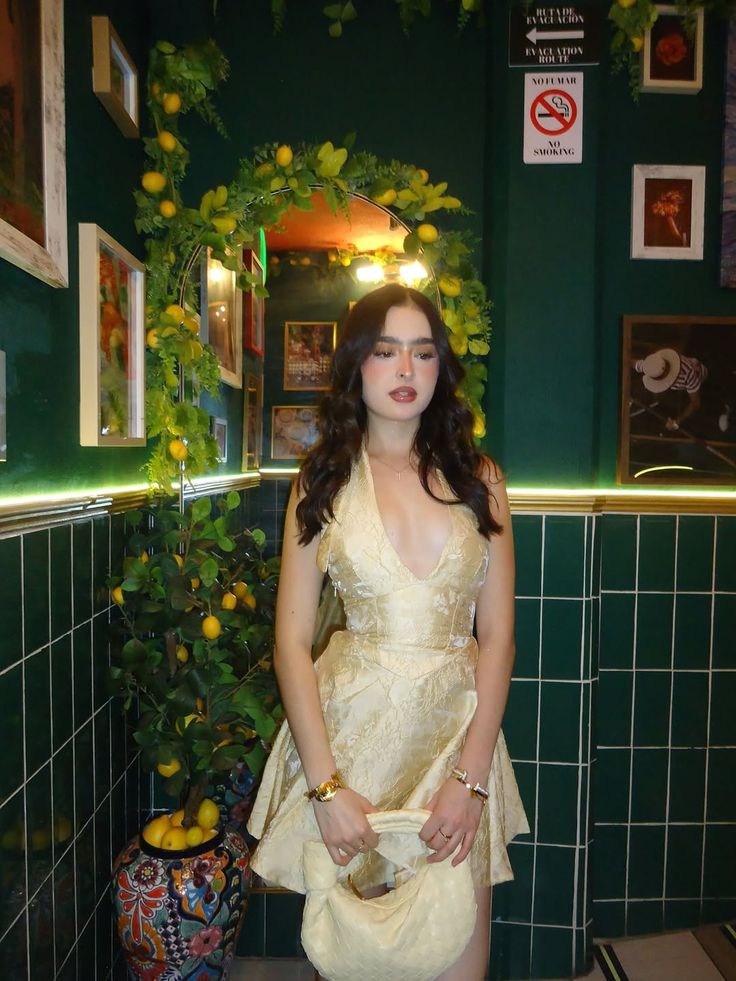 Vintage Light Yellow Deep V Halter Neck Dark Pattern Jacquard Satin A-Line Birthday Party Homecoming Dress - View 3 | FashionDia