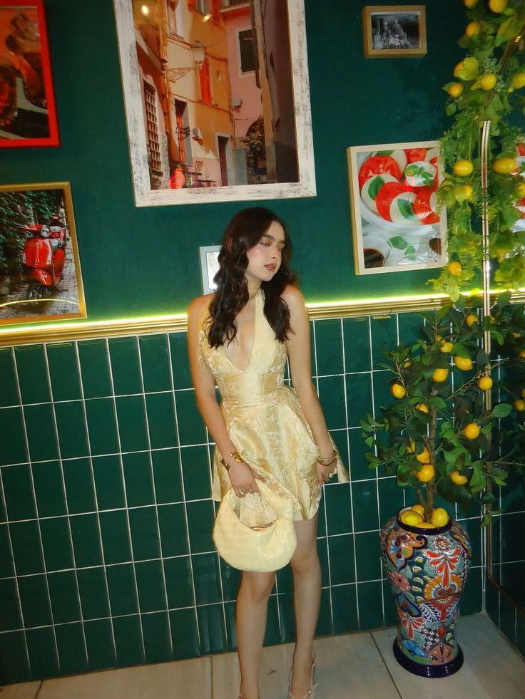 Vintage Light Yellow Deep V Halter Neck Dark Pattern Jacquard Satin A-Line Birthday Party Homecoming Dress - View 4 | FashionDia