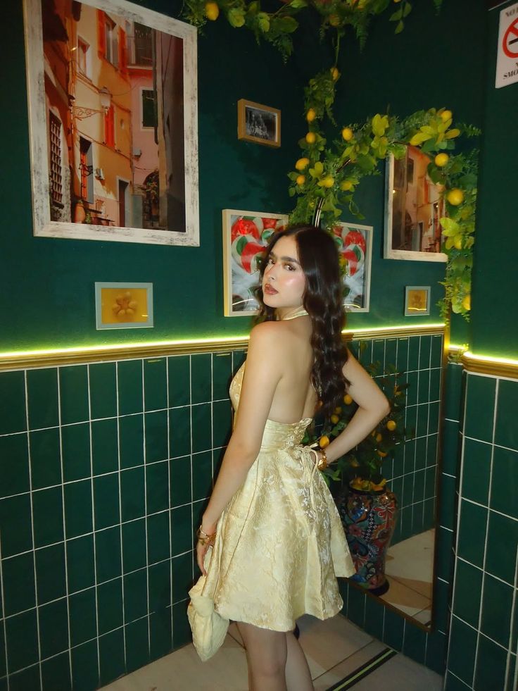 Vintage Light Yellow Deep V Halter Neck Dark Pattern Jacquard Satin A-Line Birthday Party Homecoming Dress - View 5 | FashionDia