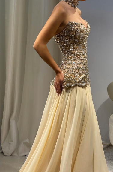 Luxurious Champagne Sweetheart Neck A-Line Diamond-Embellished Bow Chiffon Long Prom & Evening Dress - View 8 | FashionDia