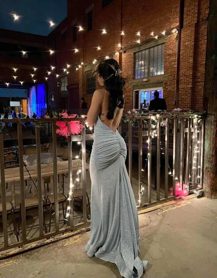Elegant Light Blue Mermaid Halter V-Neck Ruched Backless Shimmer Satin Train Prom & Evening Dress - FashionDia
