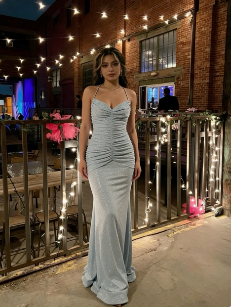 Elegant Light Blue Mermaid Halter V-Neck Ruched Backless Shimmer Satin Train Prom & Evening Dress - View 2 | FashionDia