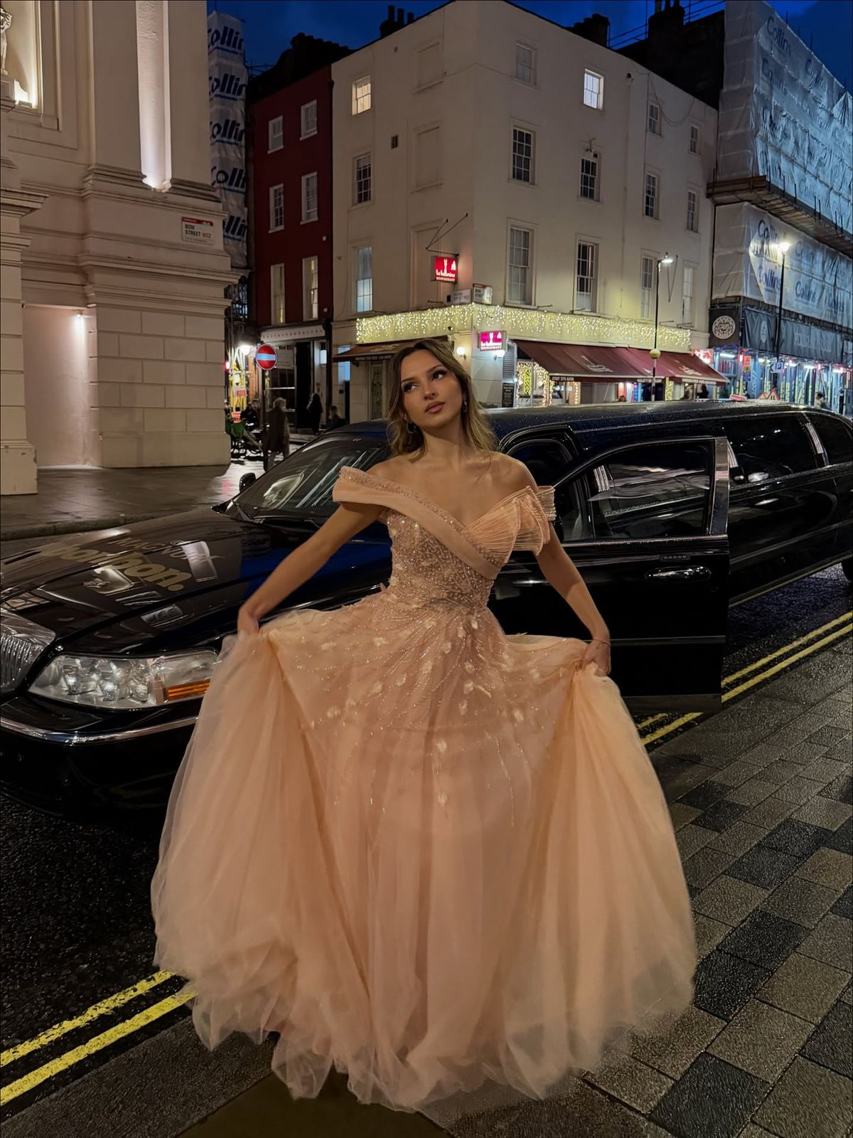 Princess Pink Off-the-shoulder V-Neck Sparkling Diamond Tulle Train Prom Dress Evening Dress