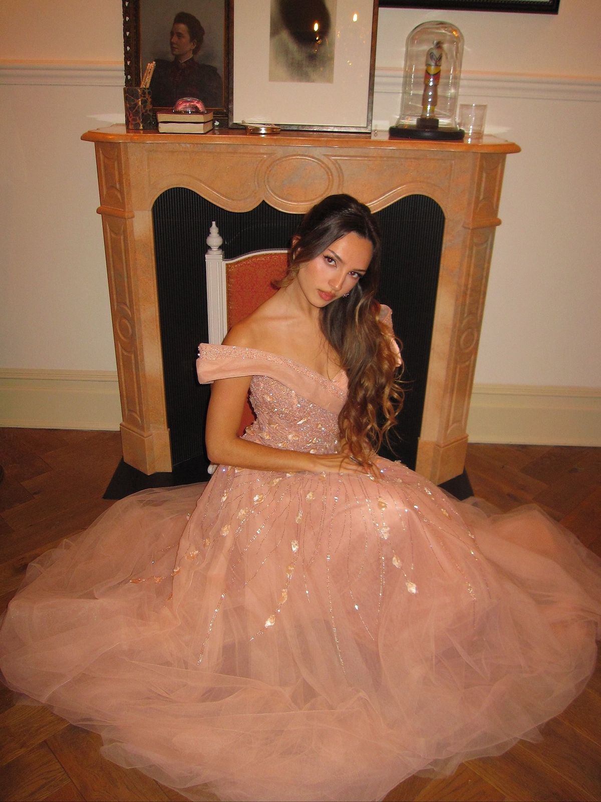 Princess Pink Off-the-shoulder V-Neck Sparkling Diamond Tulle Train Prom & Evening Dress - View 3 | FashionDia