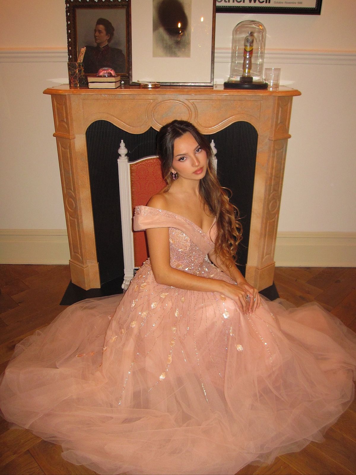 Princess Pink Off-the-shoulder V-Neck Sparkling Diamond Tulle Train Prom & Evening Dress - View 4 | FashionDia