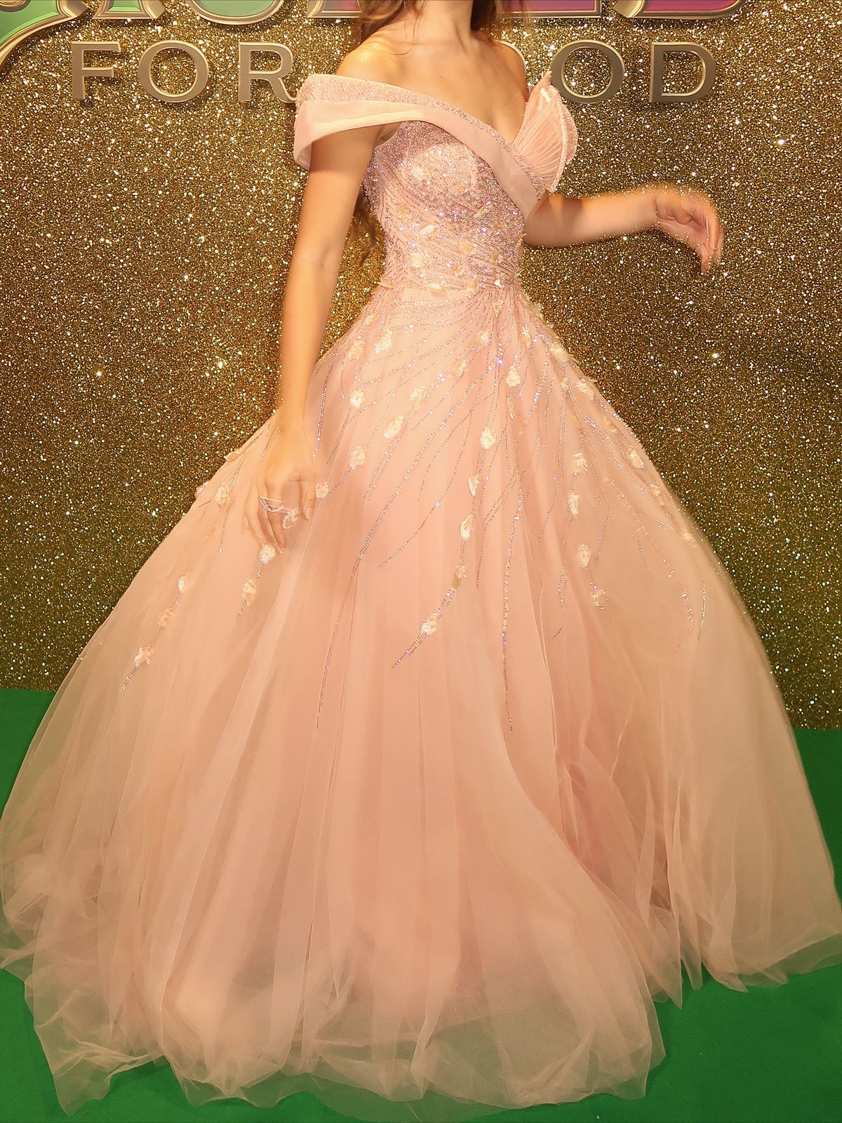 Princess Pink Off-the-shoulder V-Neck Sparkling Diamond Tulle Train Prom & Evening Dress - View 5 | FashionDia