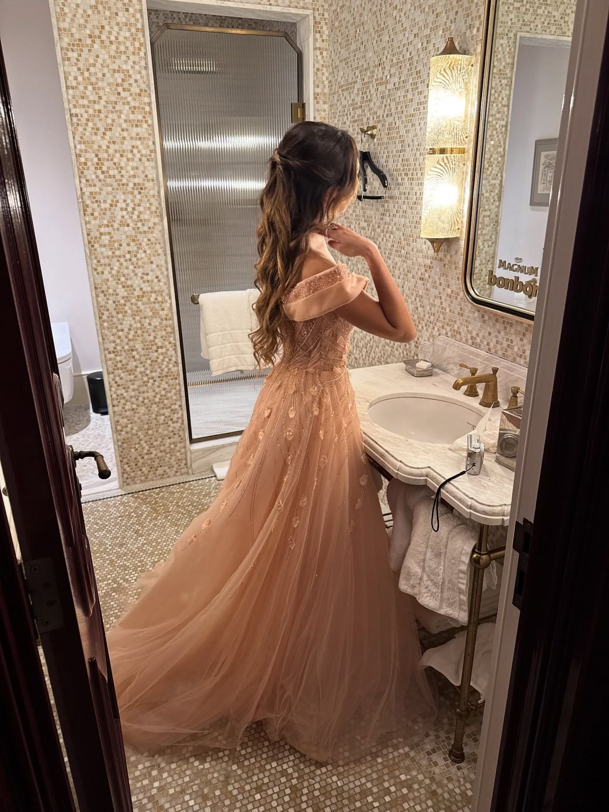 Princess Pink Off-the-shoulder V-Neck Sparkling Diamond Tulle Train Prom & Evening Dress - View 6 | FashionDia