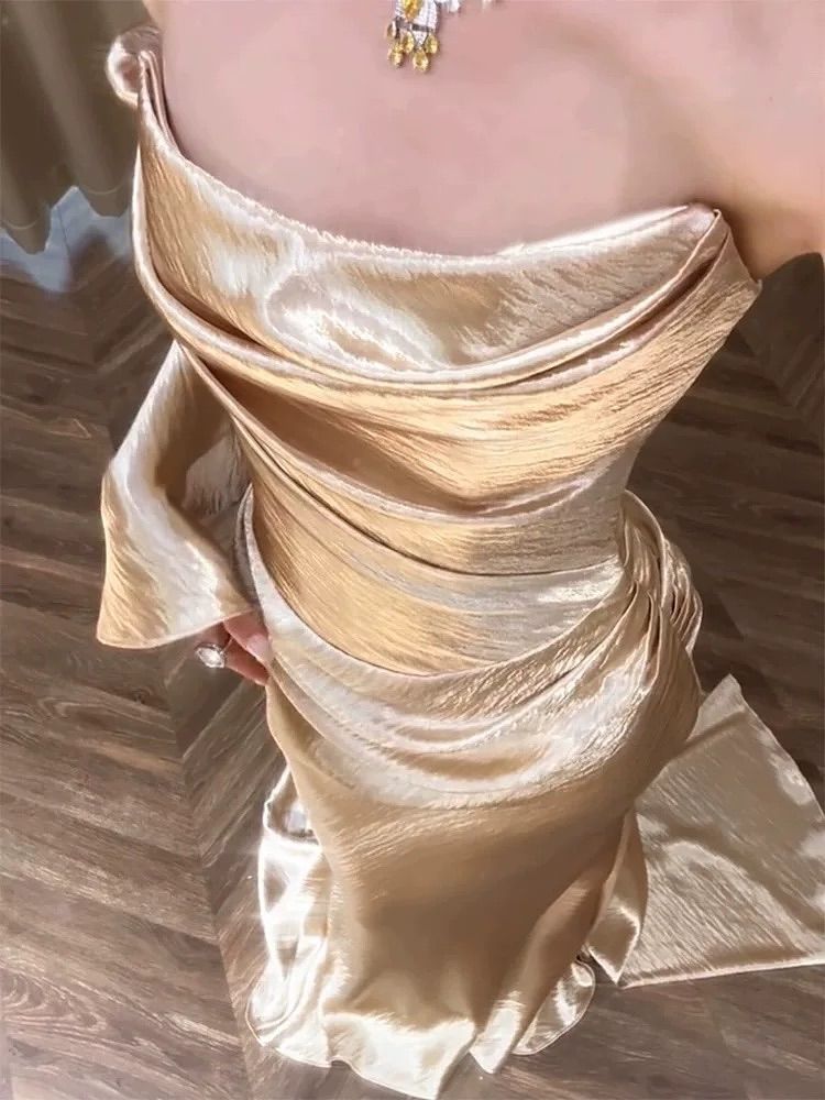 Elegant Champagne Gold Mermaid Ruched Satin Train Prom Dress Evening Dress