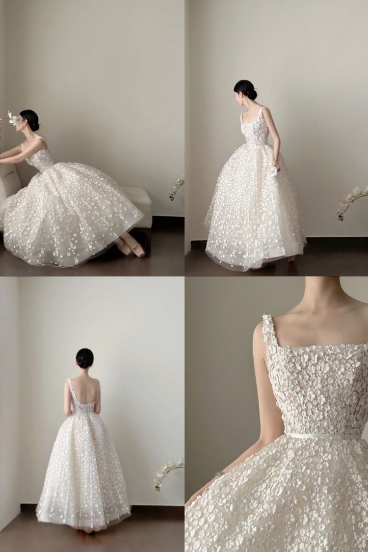 Elegant White A-line Strap Square Neck 3D Flower Tulle Prom Dress Wedding Dress cc4757