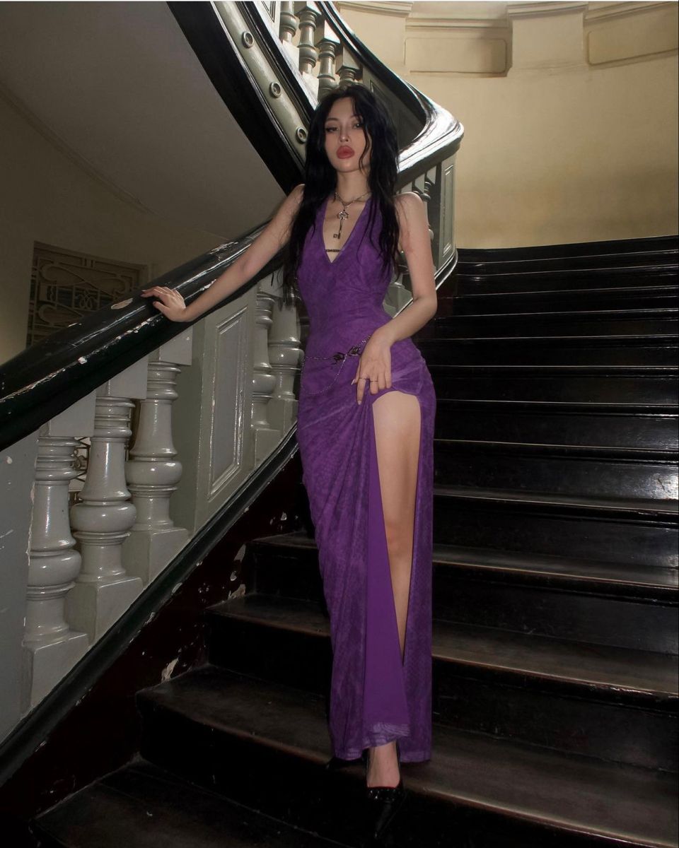 Sexy Deep Purple Halter Deep V-Neck High Slit Backless Tulle Long Prom Dress Evening Dress
