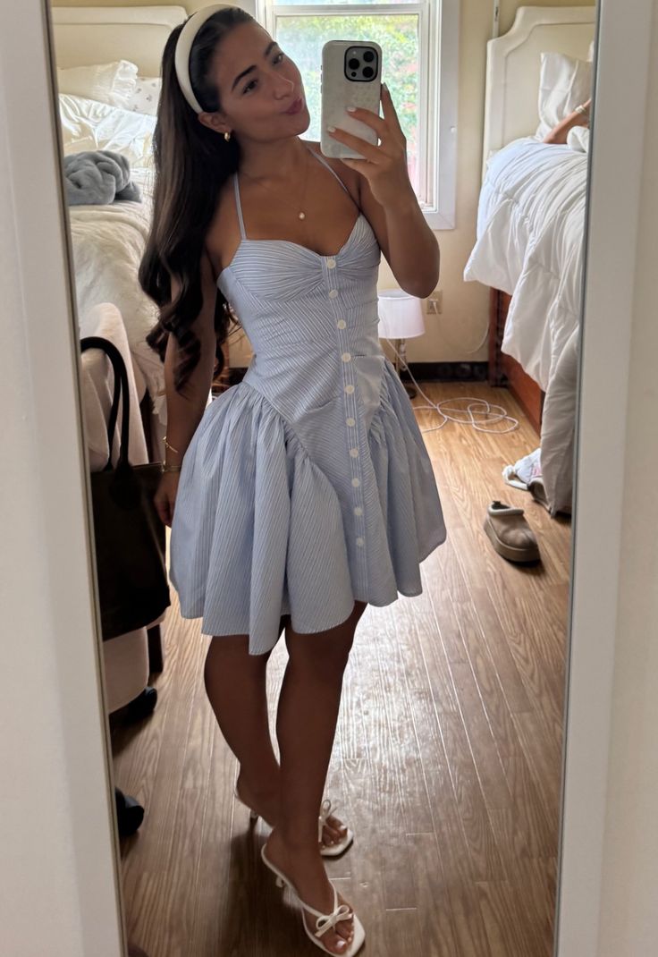 Sweet Light Blue Striped Halter Collar Button A-Line Birthday Party Homecoming Dress