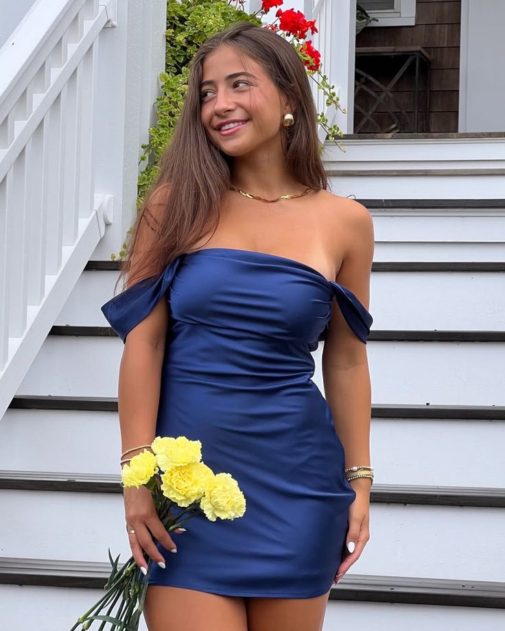 Elegant Navy Blue One-shoulder Slim Satin Birthday Party Homecoming Dress