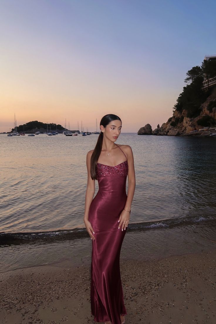 Sexy Burgundy Bodycon Halter Backless Satin Long Prom Dress Evening Dress