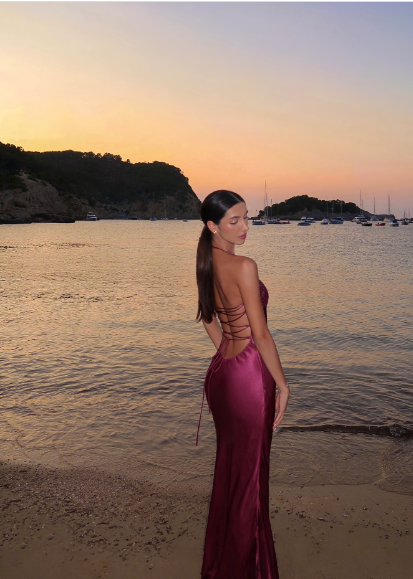 Sexy Burgundy Bodycon Halter Backless Satin Long Prom & Evening Dress - View 2 | FashionDia