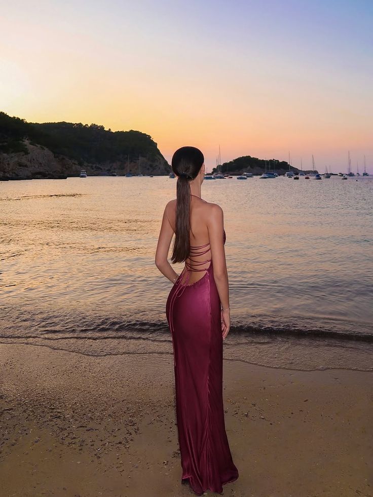 Sexy Burgundy Bodycon Halter Backless Satin Long Prom & Evening Dress - View 3 | FashionDia