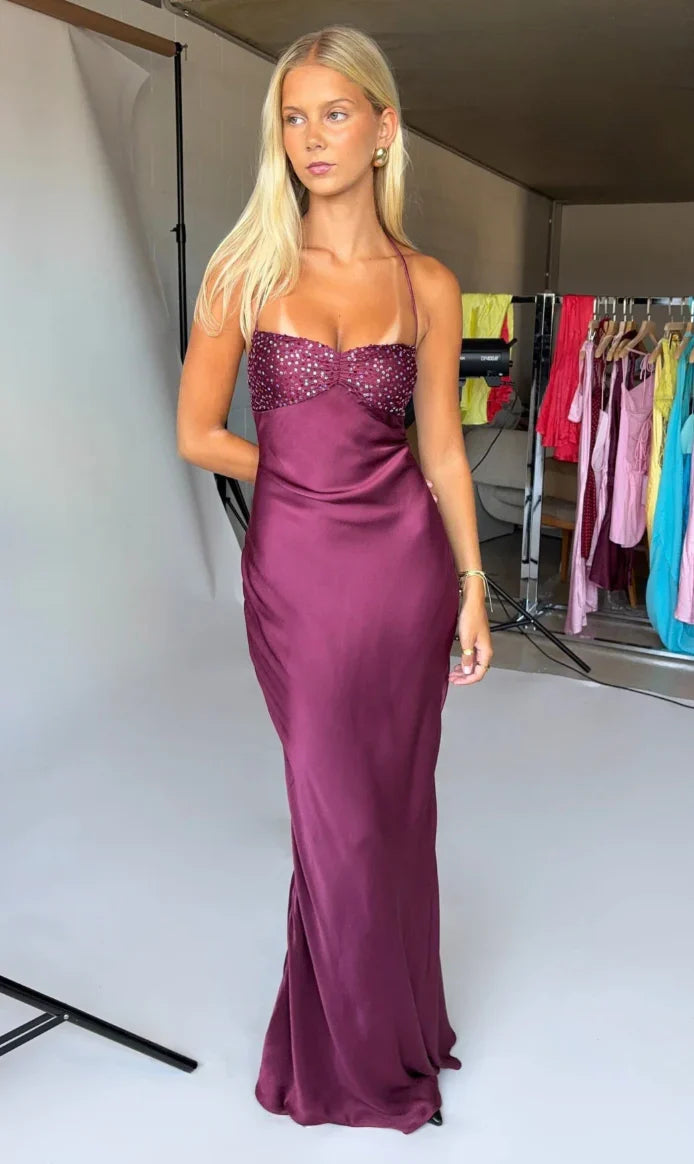 Sexy Burgundy Bodycon Halter Backless Satin Long Prom & Evening Dress - View 5 | FashionDia