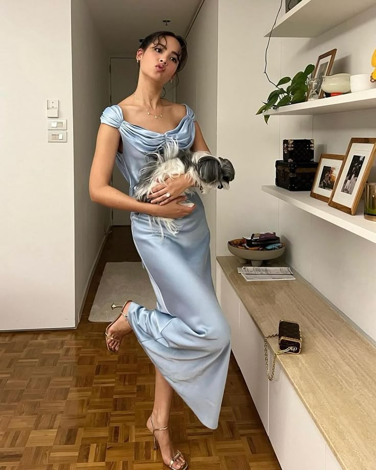 Elegant Light Blue Bodycon Ruffled Satin Long Prom Dress Evening Dress Bridesmaid Dress