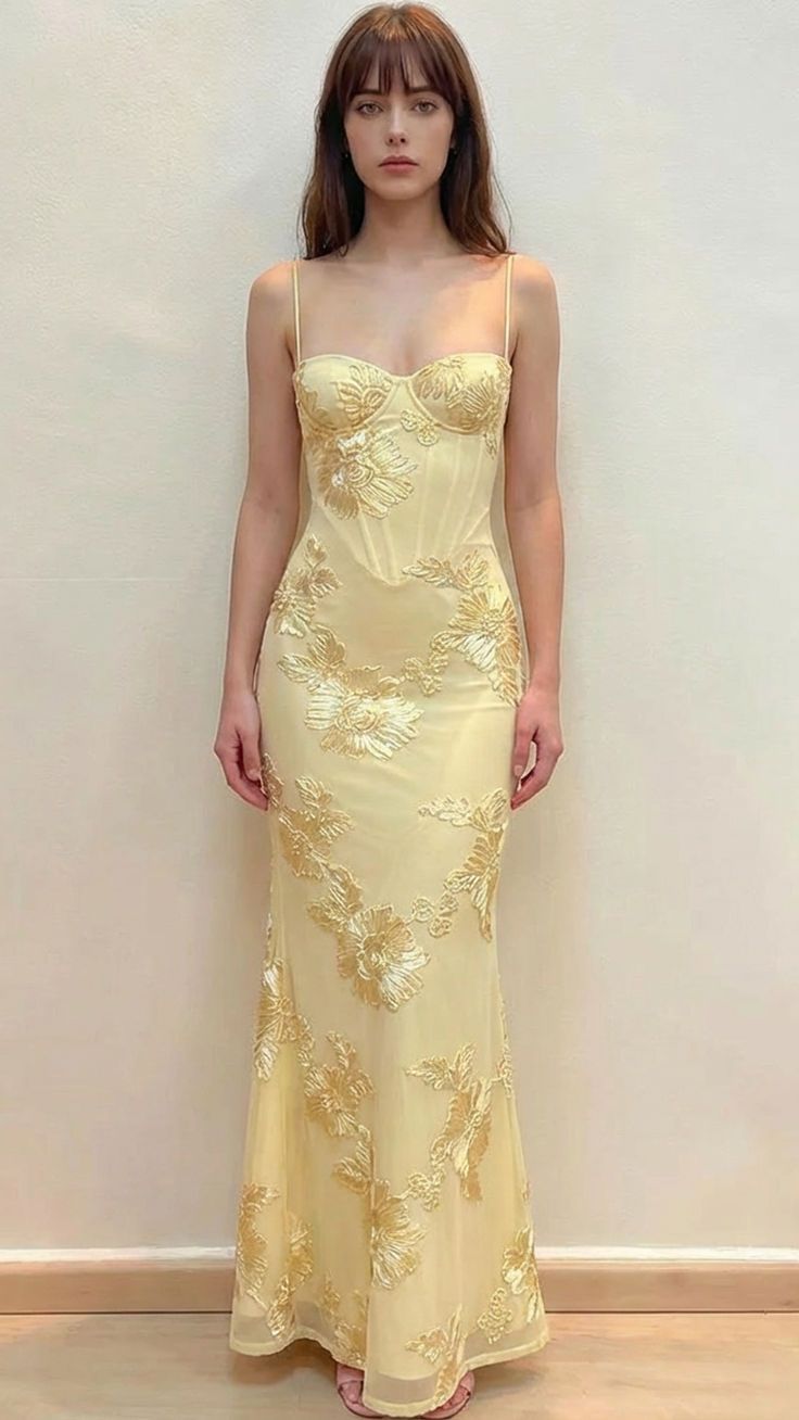 Elegant Yellow Mermaid Thin Strap 3D Floral Tulle Long Prom Dress Evening Dress