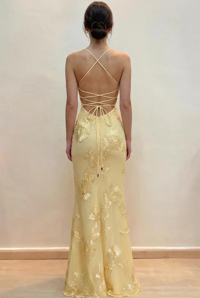Elegant Yellow Mermaid Thin Strap 3D Floral Tulle Long Prom & Evening Dress - View 2 | FashionDia