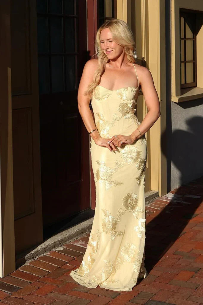 Elegant Yellow Mermaid Thin Strap 3D Floral Tulle Long Prom & Evening Dress - View 4 | FashionDia