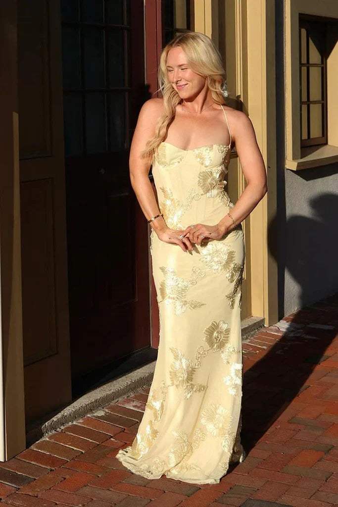 Elegant Yellow Mermaid Thin Strap 3D Floral Tulle Long Prom Dress Evening Dress
