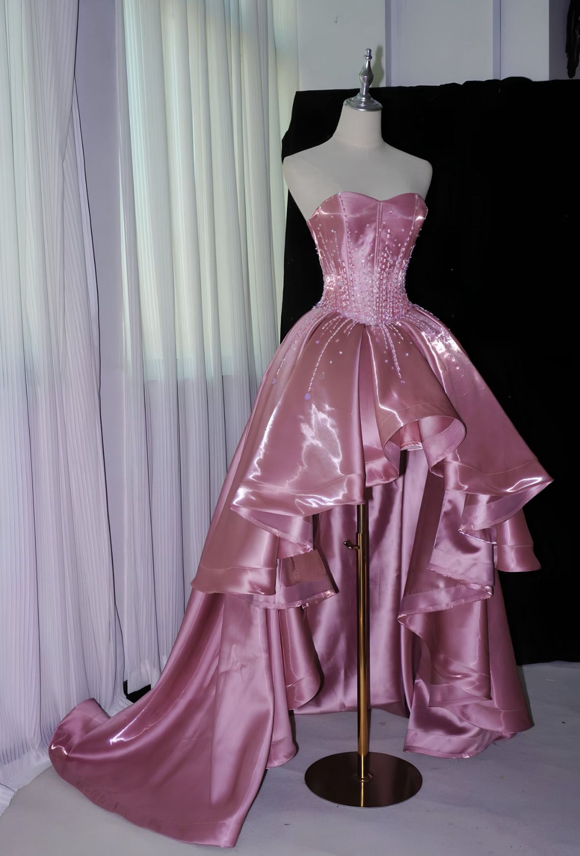 Princess Pink Strapless Beaded High-Low Train Satin Prom Dress Evening Dress
