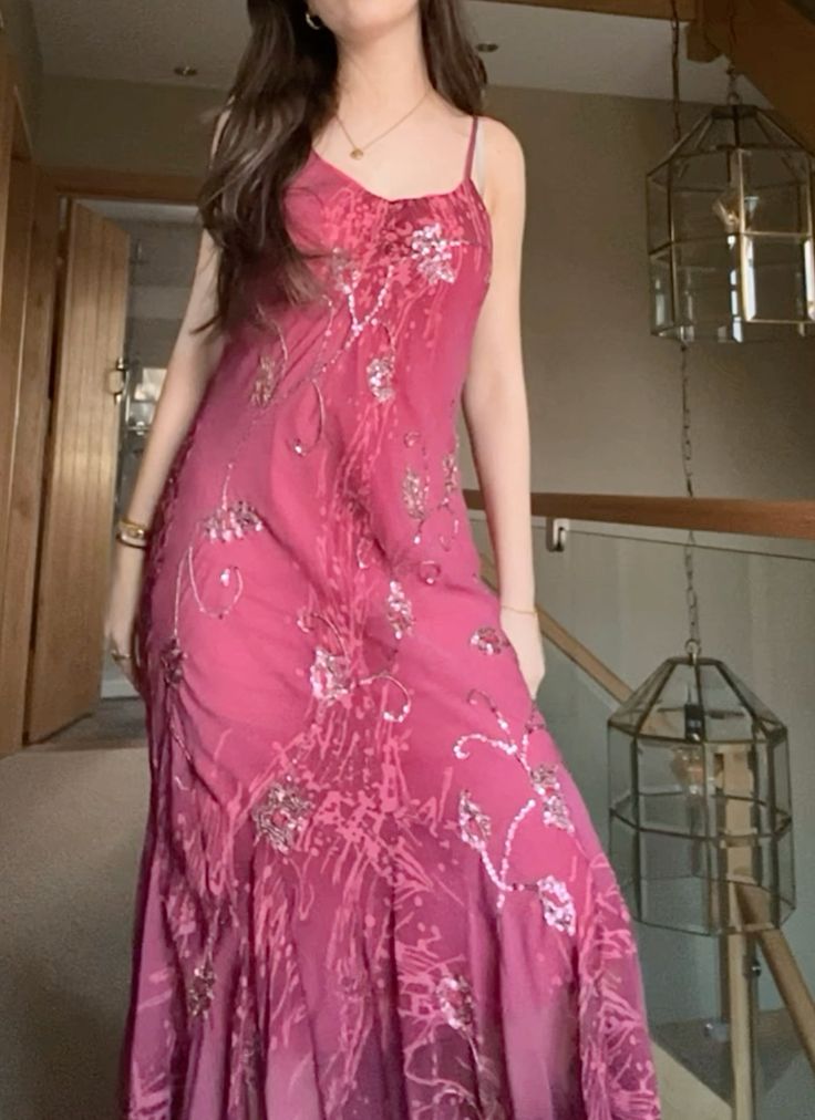 Beautiful Pink Spaghetti Strap Sequin Floral Chiffon Irrgular Prom Dress Evening Dress