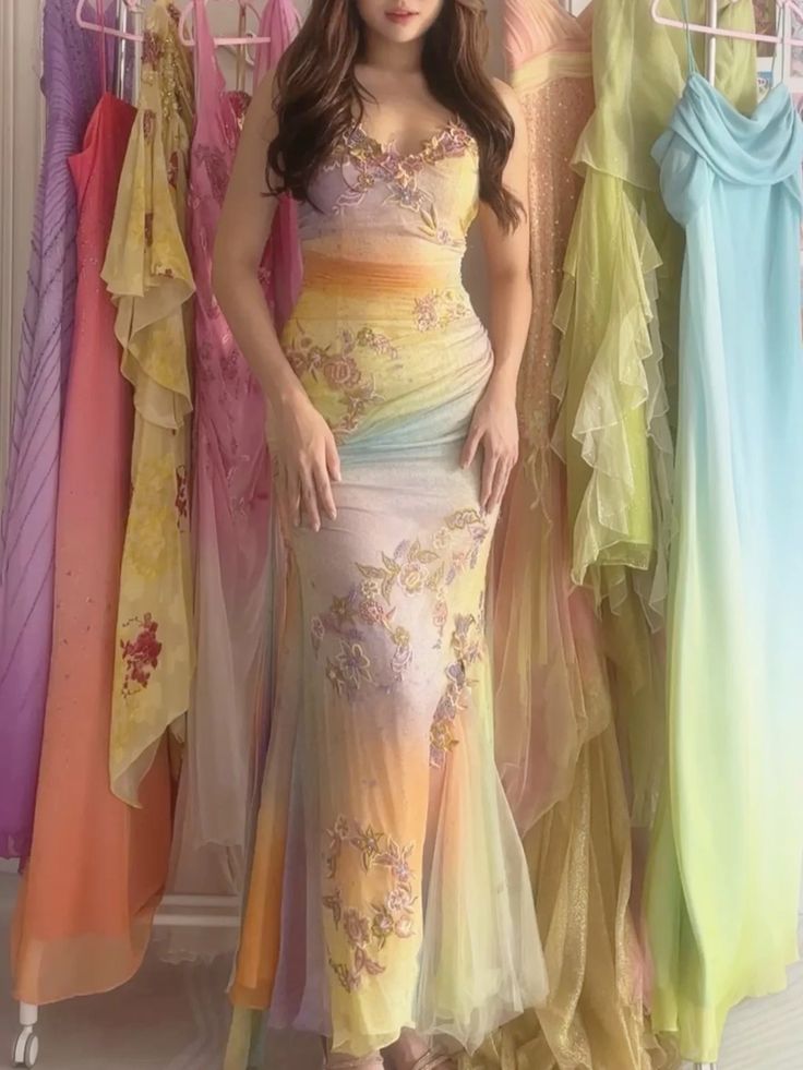 Stunning Gradient Spaghetti Strap V-neck Floral Embroidered Tulle Long Prom Dress Evening Dress
