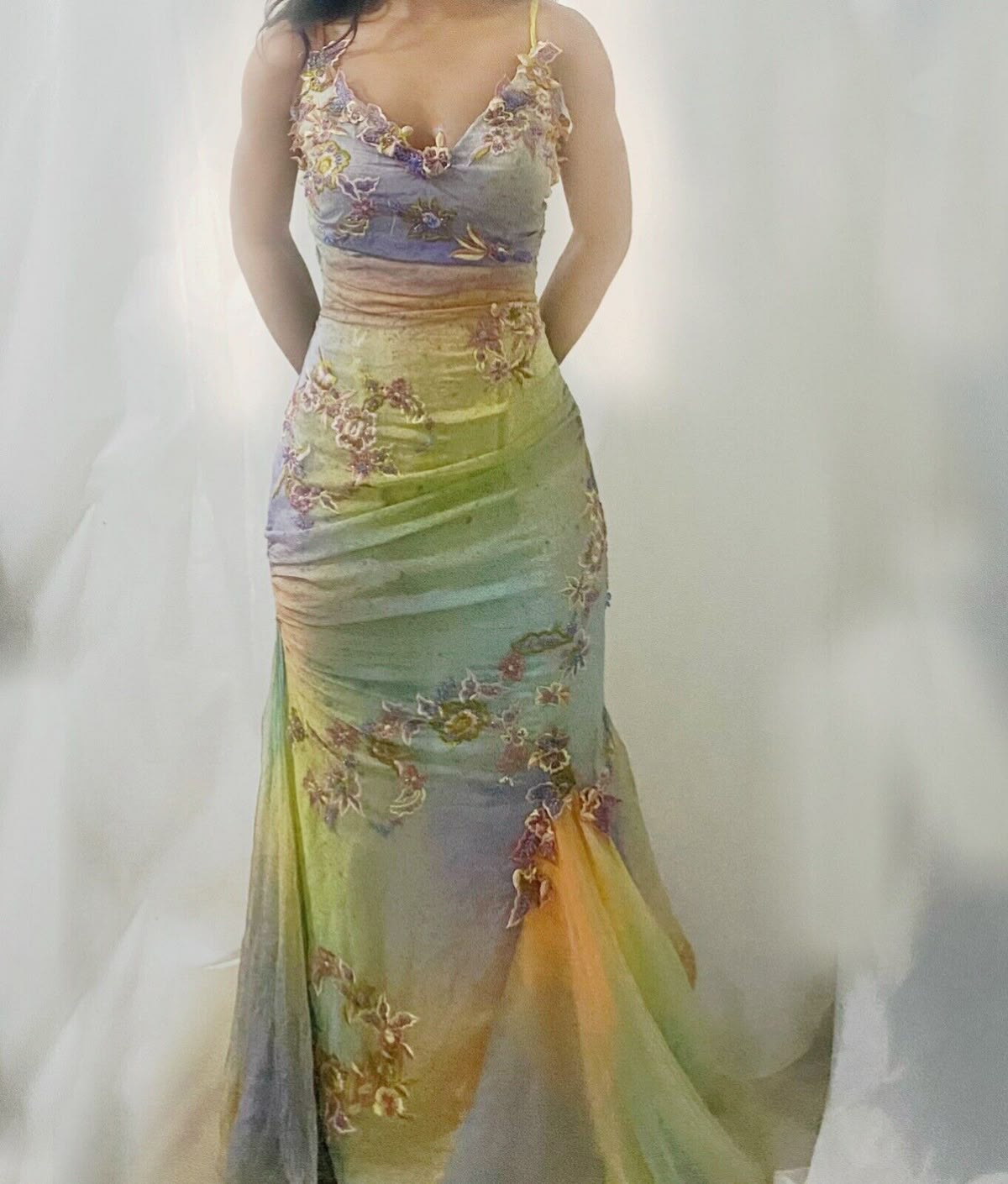 Stunning Gradient Spaghetti Strap V-neck Floral Embroidered Tulle Long Prom Dress Evening Dress
