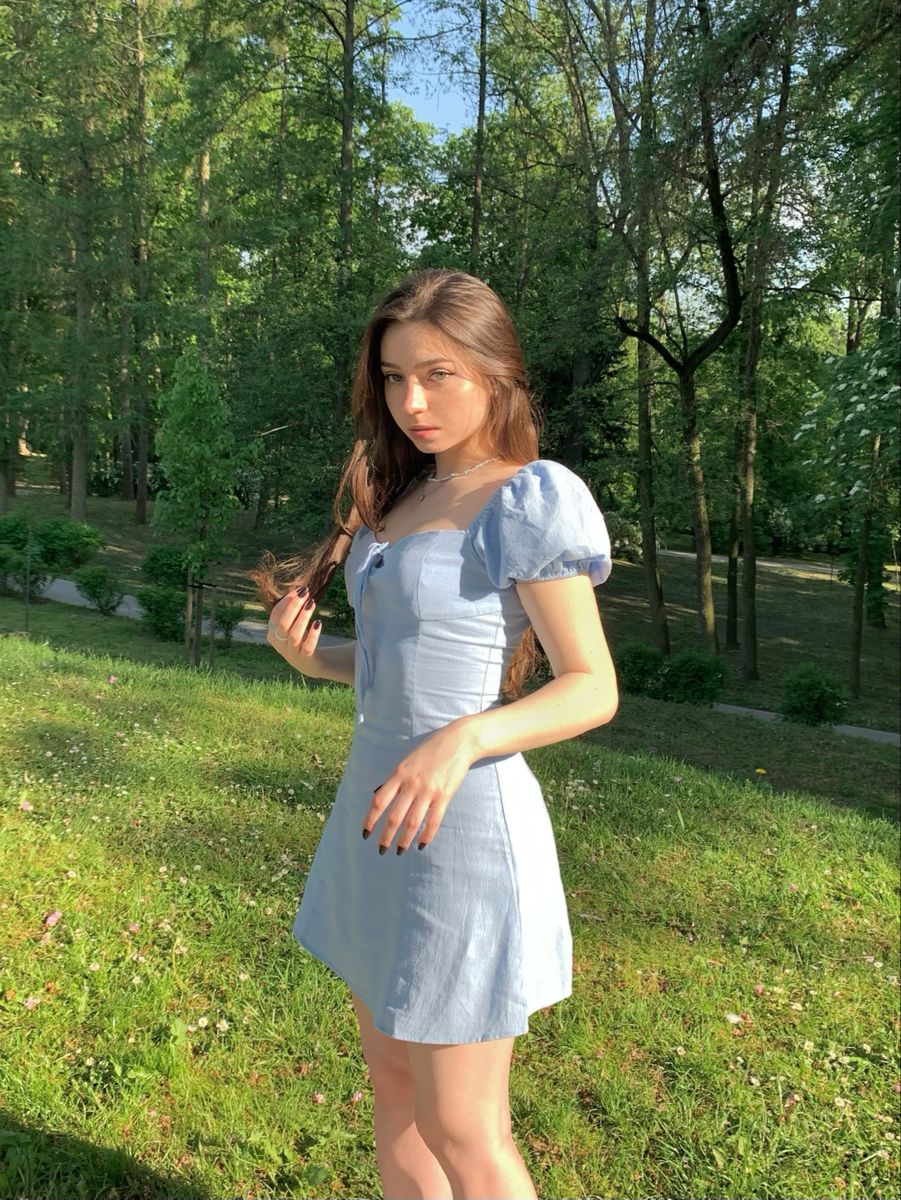 Sweet Light Blue Puff Sleeve Waist Mini Birthday Skirt Homecoming Dress