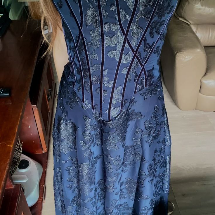 Vintage Navy Blue A-Line Spaghetti Strap Jacquard Satin Long Prom Dress Evening Dress