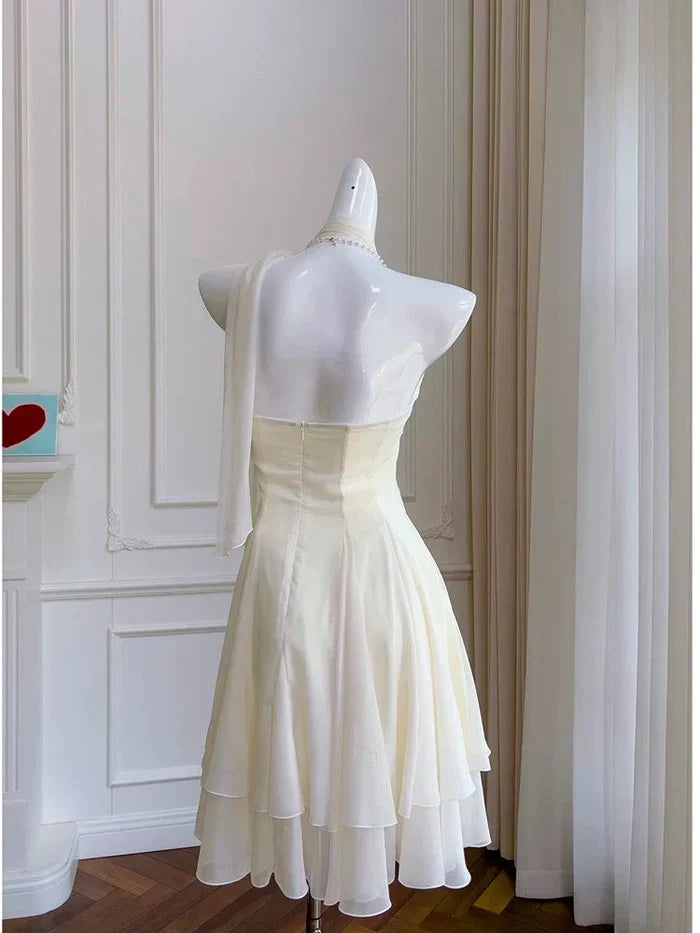 Elegant Ivory Halterneck Floral Ribbon Chiffon Mini 17th Birthday Homecoming Dress