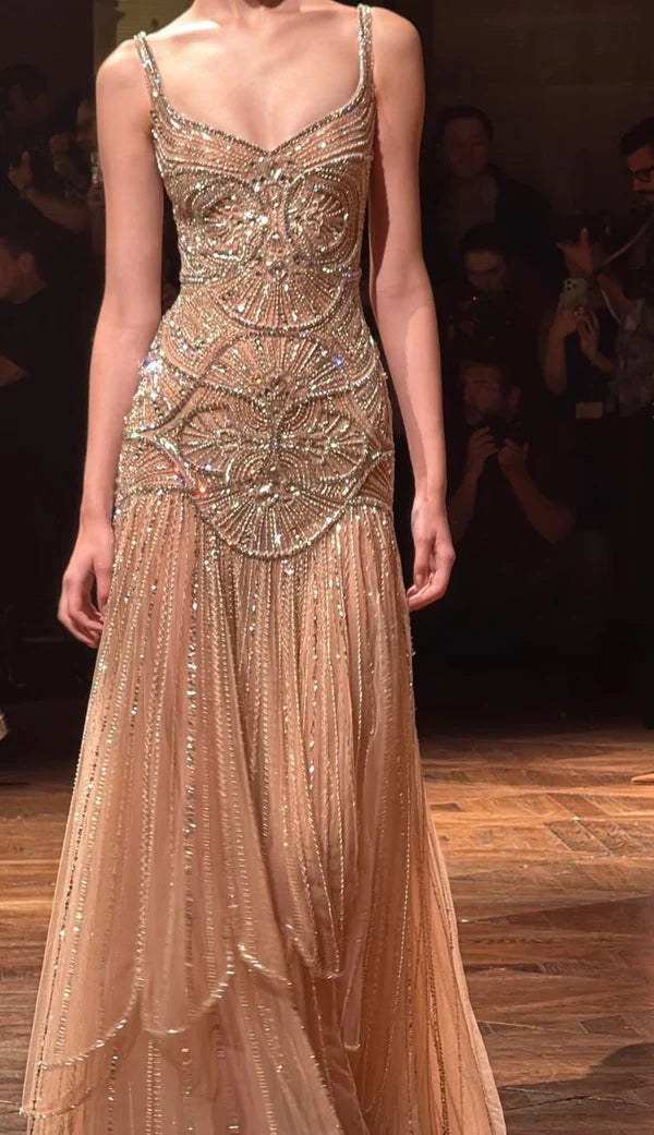 Vintage Green A-Line Spaghetti Strap Beaded Tulle Long Prom & Evening Dress - View 2 | FashionDia