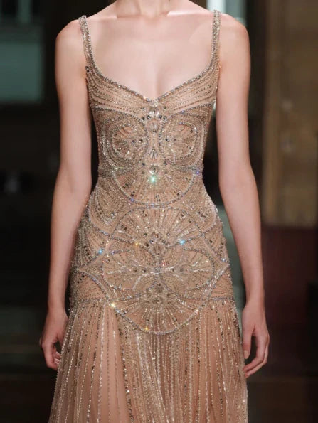 Vintage Green A-Line Spaghetti Strap Beaded Tulle Long Prom & Evening Dress - View 3 | FashionDia