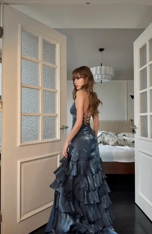 Elegant Deep Slate Blue Spaghetti Strap High-Slit Crisscross Lace-Up Open Back Tiered Satin Long Prom & Evening Dress - View 4 | FashionDia