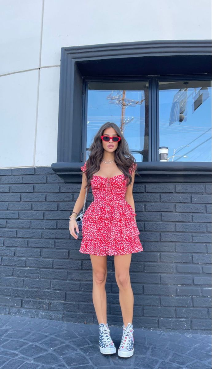 Sweet And Vibrant Red Neckline Tie Short Sleeves Printed Ruffle Waist A-Line Chiffon 17th Birthday Homecoming Dress - View 3 | FashionDia