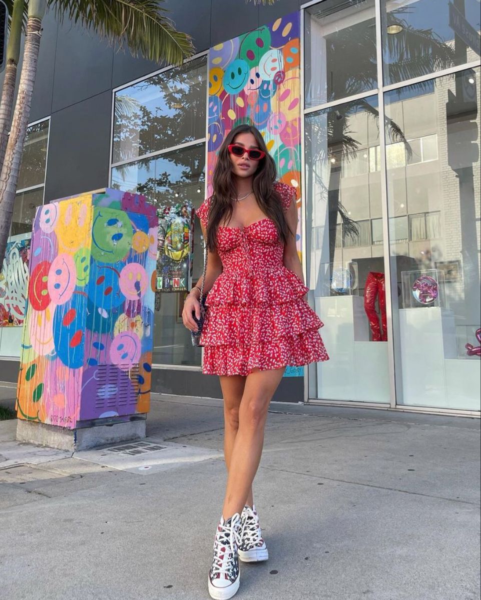 Sweet And Vibrant Red Neckline Tie Short Sleeves Printed Ruffle Waist A-Line Chiffon 17th Birthday Homecoming Dress - View 5 | FashionDia