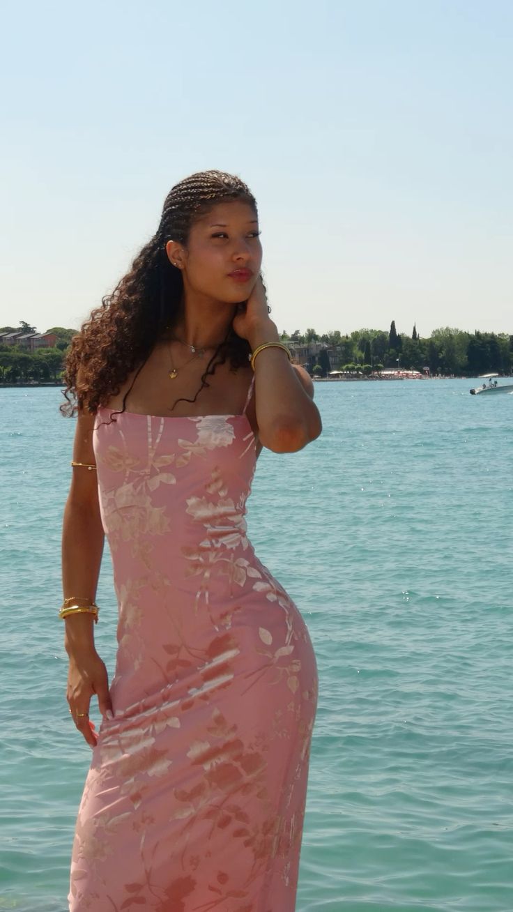 Elegant Pink Square Neck Spaghetti Strap Floral Print Satin Long Prom Dress Evening Dress