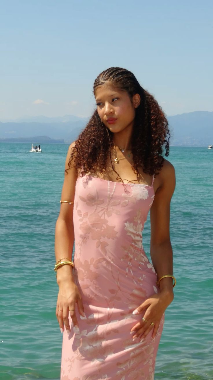 Elegant Pink Square Neck Spaghetti Strap Floral Print Satin Long Prom & Evening Dress - View 2 | FashionDia