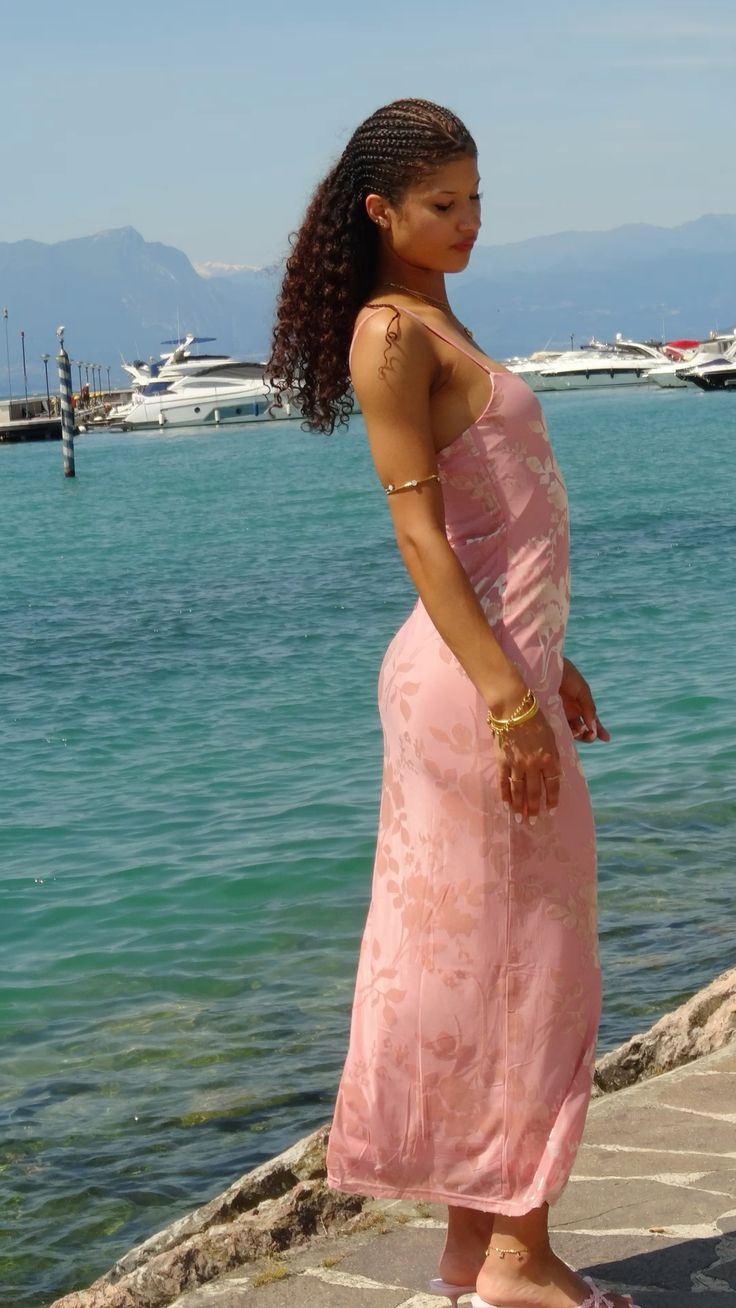 Elegant Pink Square Neck Spaghetti Strap Floral Print Satin Long Prom & Evening Dress - View 6 | FashionDia