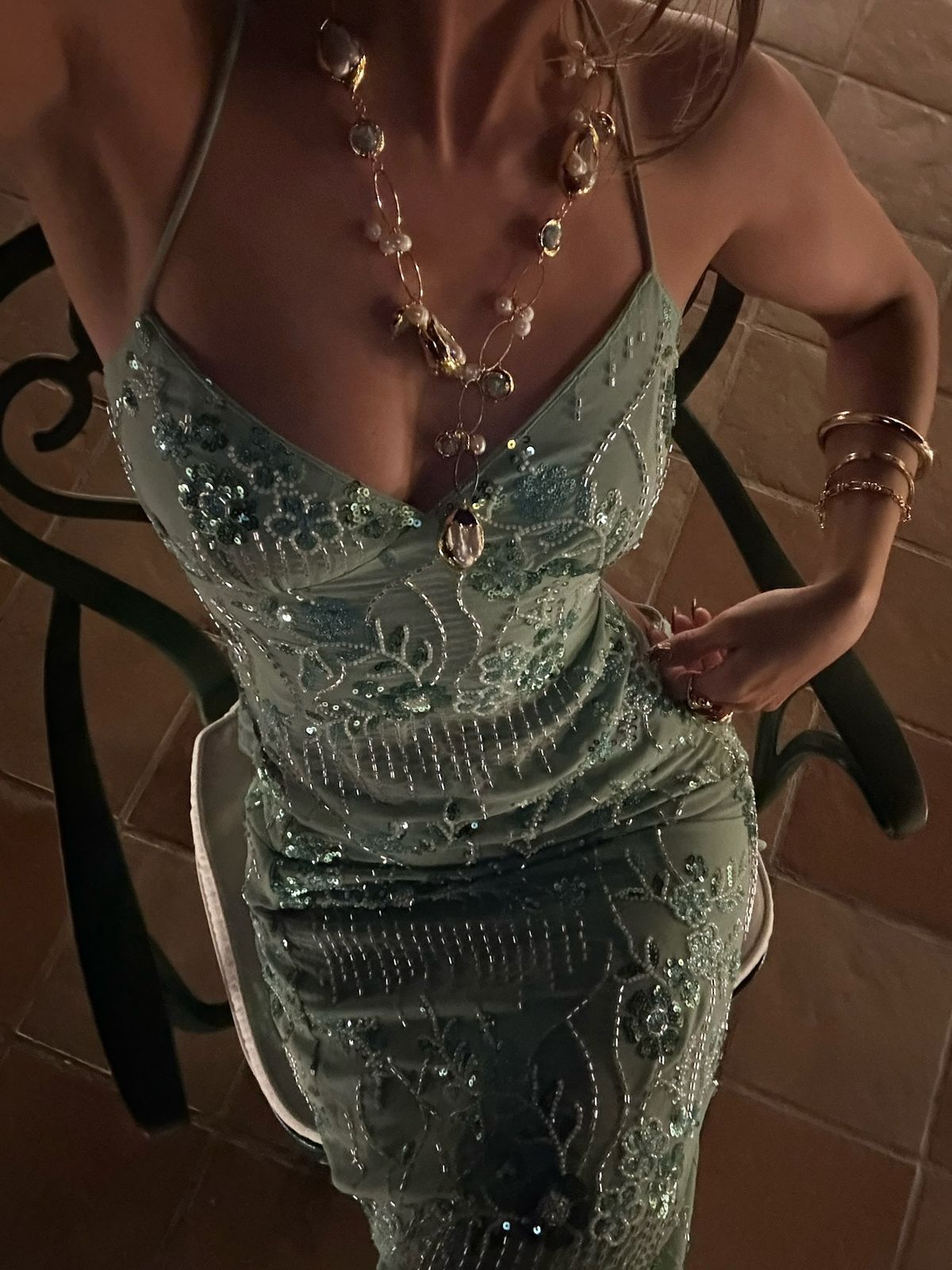 Luxurious Mint Green Halter Neck V-Neck Mermaid Open Back Sequin Beaded Tulle Long Prom Dress Evening Dress