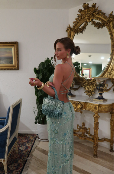 Luxurious Mint Green Halter Neck V-Neck Mermaid Open Back Sequin Beaded Tulle Long Prom Dress Evening Dress