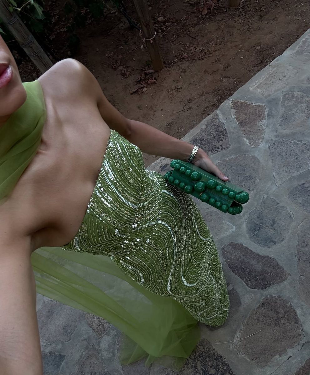 Elegant Green Strapless Sequin Wave Pattern High-Slit Tulle Slim-Fit Long Prom Dress Evening Dress