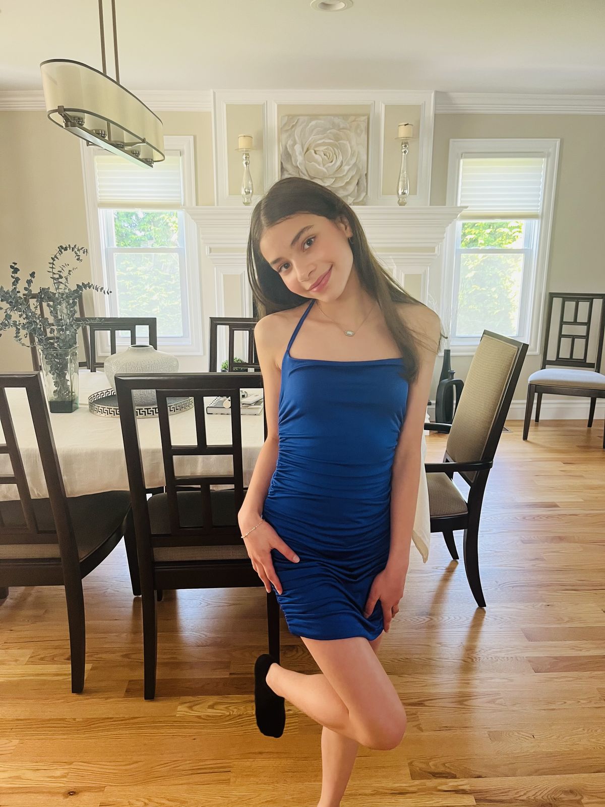 Simple Blue Halterneck Slim-fit Hip-wrapped Pleated Stretch 17th Birthday Homecoming Dress