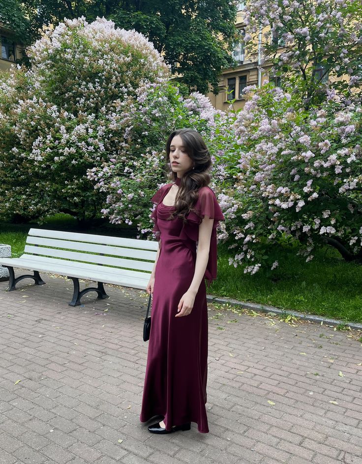 Vintage Burgundy Square Neck Ruffle Short Sleeve Satin Long Prom Dress Evening Dress