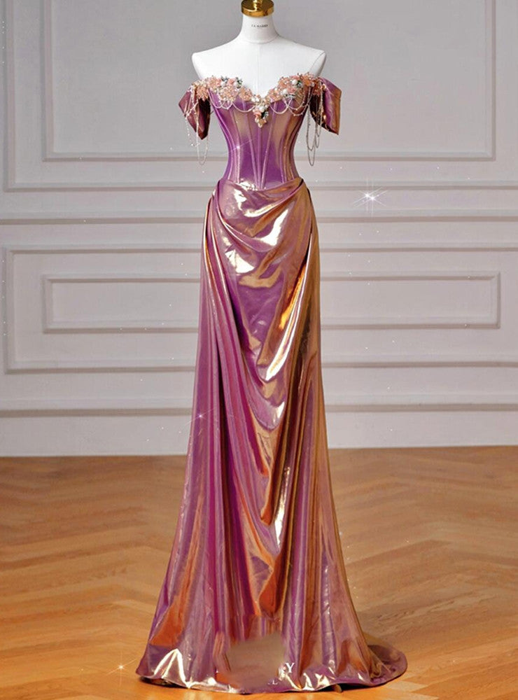 Dreamy Purple Gold Off-the-Shoulder Mermaid 3D Floral Satin Long Prom Dress Evening Dress